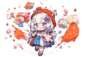 A girl falls onto a cream cake, causing the cream to splatter everywhere. As she lands, an explosion of candies and bubbles fills the air, floating all around her. The scene is whimsical and playful, with colorful sweets and shimmering bubbles creating a magical, dream-like atmosphere.