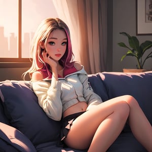 a cute girl sitting on the sofa and relaxing in her cute small skirt and small leather top which covers her small breast and a cute jacket which is off shoulder.

A charming digital illustration of a cute girl with long blonde hair, sitting on a stylish sofa and relaxing. She is dressed in a small, cute skirt, a small leather top that covers her small breasts, and an off-shoulder cute jacket. The sofa is in a cozy, aesthetically pleasing room with soft lighting. The background includes pastel walls, a fluffy rug, and indoor plants. The lighting is soft and warm, creating a comfortable and serene ambiance. Created Using: digital painting, soft brush strokes, pastel colors, warm tones, detailed illustrations, cozy atmosphere, hd quality, natural look.


HD, 8K, Best Perspective, Best Lighting, Best Composition, Good Posture, High Resolution, High Quality, 4K Render, Highly Denoised, Clear distinction between object and body parts, Masterpiece, Beautiful face, 
Beautiful body, smooth skin, glistening skin, highly detailed background, highly detailed clothes, 
highly detailed face, beautiful eyes, beautiful lips, cute, beautiful scenery, gorgeous, beautiful clothes, best lighting, cinematic , great colors, great lighting, masterpiece, Good body posture, proper posture, correct hands, 
correct fingers, right number of fingers, clear image, face expression should be good, clear face expression, correct face , correct face expression, better hand position, realistic hand position, realistic leg position, no leg deformed, 
perfect posture of legs, beautiful legs, perfectly shaped leg, leg position is perfect, proper hand posture, no hand deformation, no weird palm angle, no unnatural palm posture, no fingers sticking to each other, clear different between fingers of the hand,
no deformed arm, better posture for arms, perfect arms, realistic arms, correct length of fingers, perfect length fingers, stunning look, use of fibonacci in the art, no unrealistic fingers, ankle of arms should be correct, 
ankle of hand shoud be correct, hand ankle should not be unrealistic, perfect hand ankle, good posture for hand ankle, smooth posture for hand ankle, no unnatural leg posture, size composition should be correct, size comparison between object and human should match real life, perfect size composition, 

cute, skirt, small_skirt, short_leather_top, jacket, off_shoulder, naked_shoudler, loli, cute belly, cute legs, cute posture, naked_belly, naked_stomach, open_jacket, open_blazer, smooth_belly, stomach, 