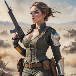 a striking depiction of an "Army Woman Holding a Gun, Going Alone in the Battlefield," her determined figure set against the war-torn landscape, captured in a style that embodies the raw courage and strength of a lone warrior.
Artist Inspiration: Courageous Solo Mission
Description: The artwork portrays the scene with intense determination and strength. The style employs bold colors and dramatic lighting to convey the raw courage of the army woman. The war-torn battlefield and her resolute stance create a vivid and captivating scene, inviting you to color the bravery and valor of this lone warrior. --v 5 --stylize 1000, 300 DPI, HD, 8K, Best Perspective, Best Lighting, Best Composition, Good Posture, High Resolution, High Quality, 4K Render, Highly Denoised, Clear distinction between object and body parts, Masterpiece, Beautiful face, 
Beautiful body, smooth skin, glistening skin, highly detailed background, highly detailed clothes, 
highly detailed face, beautiful eyes, beautiful lips, cute, beautiful scenery, gorgeous, beautiful clothes,steampunk style,photo r3al