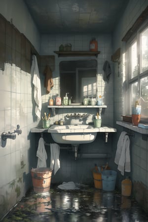 A nostalgic, disorganized bathroom evoking childhood memories of a middle-class family home. Cluttered with plastic buckets scattered haphazardly on a wet, tiled floor, some tipped over as water drips from old, rusted taps. A fogged-up mirror above the sink reflects worn tiles and half-used soap bars and shampoo bottles. A wet towel hangs loosely from a hook, and chipped ceramic cups hold toothbrushes. The faded, worn tiles add to the lived-in charm, capturing warmth and familiarity in the disorganized state.