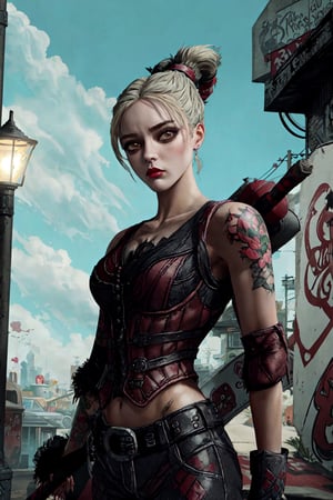 A streetfighter woman, exuding a fierce aura, adorned in badass clothing, wields a baseball bat with style reminiscent of a street mafia queen. Illustrated in a dynamic digital illustration, drawing inspiration from the bold and gritty style of Frank Miller, the scene captures her in mid-swing, surrounded by an urban backdrop with graffiti-covered walls. The color temperature is cool, enhancing the edgy vibe. Her expression is intense, lit by harsh streetlamp lighting, creating a moody atmosphere that amplifies her badass persona. --v 5 --stylize 1000

300 DPI, HD, 8K, Best Perspective, Best Lighting, Best Composition, Good Posture, High Resolution, High Quality, 4K Render, Highly Denoised, Clear distinction between object and body parts, Masterpiece, Beautiful face, 
Beautiful body, smooth skin, glistening skin, highly detailed background, highly detailed clothes, 
highly detailed face, beautiful eyes, beautiful lips, cute, beautiful scenery, gorgeous, beautiful clothes,tattoos,lilyms,harley quinn (batman arkham city)