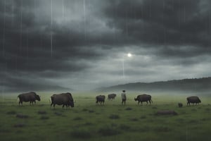 A dramatic yet serene scene unfolds as a herd of buffaloes graze and move slowly across a vast grassy plain during a heavy rain downpour. The sky above is dark and heavy with storm clouds, while sheets of rain cascade down, creating a misty veil over the landscape. The buffaloes, large and powerful, are soaked by the rain, but they continue to peacefully roam the open plain, their dark coats glistening with water droplets. The grass beneath them is lush and green, swaying slightly in the wind despite being weighed down by the rain.

In the distance, a lone man, the herdsman, stands watching over his animals. Dressed in simple clothes, he holds a large umbrella over his head, shielding himself from the relentless rain. His silhouette stands out against the moody sky as he watches the scene unfold, his posture calm and reflective. The rain creates a soothing atmosphere, with the distant rumble of thunder occasionally breaking the quiet. The connection between the herdsman and the buffaloes feels peaceful and timeless, as they all move together in harmony despite the storm. The entire scene captures the raw beauty of nature, the bond between man and animals, and the serenity of life continuing amid the elements.