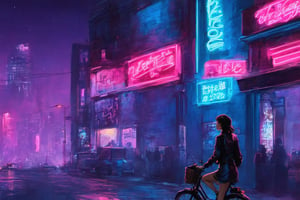 an illustration portraying a woman riding a bike through the lively night cityscape, under a stunning night sky, capturing the essence of urban night life.
Artist Inspiration: Edward Hopper
Description: Drawing from Hopper's evocative style, the illustration captures the woman's solitary journey through the city. Neon signs cast alluring glows, adding to the scene's atmosphere. The night sky becomes a canvas for contemplation. The atmosphere is a blend of urban solitude and the beauty of the night. --v 5 --stylize 1000,cyberpunk,cyberpunk style, ,lofi