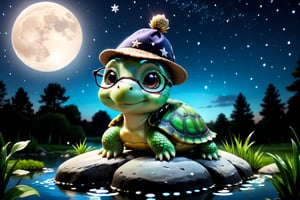 a cute cartoonish turtle sitting on a rock wearing a cute hat and glasses beside a pond and looking towards the beautiful night sky.

An adorable cartoon turtle perched on a rock beside a serene pond, donning a cute hat and glasses, gazing up at the starry night sky. The background is filled with sparkling stars and a glowing moon, creating a magical atmosphere. The turtle's outfit adds a playful touch, HD quality, natural look.

turtle, cartoon, cute, night_sky, 