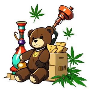 Illustration of a big teddy bear with marijuana and bong, image resolution is 300 pixels, with brown big boxes on left and right side, high_resolution, anime, white background 