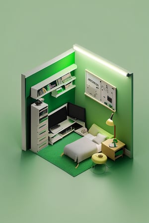 Small studio room, green, computer, pc, gaming, chair, table, laptop, printer, shirts, shelves, bed, neon lights, frames, japanese theme