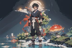 < Master piece anime cartoon style tite kubo  character style and nobuhiro watsuki 
 background style > black-hair,confident, clam-look-on-his-face both eyes open with a smile,young male,crimson red eyes,japanese-style white,kimono-full body-legs-spread-out,with-a-clam-body-language,standing-in Neon lighting as the moon glow falls upon him alone and the water he stands on  he looks like Sasuke Uchiha high resolution extremely detailed handsome Junkest