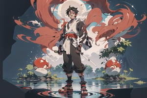 < Master piece anime cartoon style tite kubo  character style and nobuhiro watsuki 
 background style > black-hair,confident, clam-look-on-his-face both eyes open with a smile,young male,crimson red eyes,japanese-style white,kimono-full body-legs-spread-out,with-a-clam-body-language,standing-in Neon lighting as the moon glow falls upon him alone and the water he stands on  he looks like itachi Uchiha high resolution extremely detailed handsome Junkest