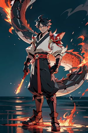 1man,Anime_style,genshin_impacr_style ,red_eye,black-hair,bleacj_stlye, handsome,slit , extremely detailed, high resolution,juxtaposition,standing_up_in_a_sea_of_flames,alone,fire_emblem,dragon_(species), looks_like_Sasuke 