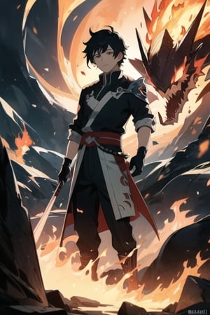 1man,Anime_style,genshin_impacr_style ,red_eye,black-hair,bleacj_stlye, handsome,slit , extremely detailed, high resolution,juxtaposition,standing_up_in_a_sea_of_flames,alone,fire_emblem,dragon_(species), looks_like_Sasuke 