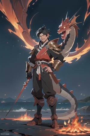 1man,Anime_style,genshin_impacr_style ,red_eye,black-hair,bleacj_stlye, handsome,slit , extremely detailed, high resolution,juxtaposition,standing_up_in_a_sea_of_flames, alone,fire_emblem,dragon_(species)