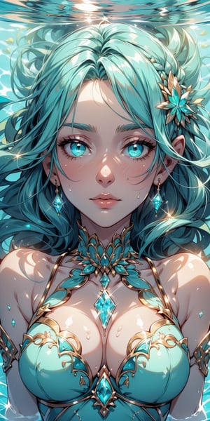 The girl's face looks out of the water, lying in the water, turquoise eyes, looking up, relaxed, crystal clear water, top view, excellent quality, elaborate and complex details, masterpiece, glare, reflections, shine water, glowing,High detailed ,1 girl