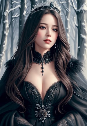 Hyper-realistic illustration of A queen in intricated black dress, black rose ornate, luxurious look, beautiful face, delicate serene eyes, eyeliner, black-roses adorning with skull tricklets, black fur coat, crown, fantasical concept, snowy forest in background, with snowfall, floating particles, depth of field, highres CG illustration, ultra-detailed, hyper-realistic , mid-shot, dark theme,1 girl