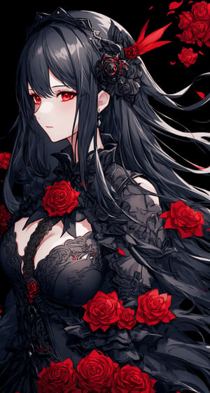 Fantasy, 1girl, (fractal clothes:1.4, intricated), black and red, roses, lightweight grey hair, extremely detailed, dynamic angle, full shot, elegant, rembrant color, romanticism, by roby dwi antono, atmospheric, ecstasy of wind, Masterpiece, best quality, delicate and beautiful, high-res CG illustration,1 girl
