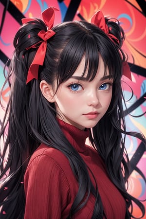 1girl, tohsaka rin, solo, long hair, sweater, red sweater, looking at viewer, (abstract background:1.3), (colorful:1.3), (flowers:1.2), (zentangle:1.2), (fractal art:1.1), black hair, two side up, turtleneck, blue eyes, lips, closed mouth, ribbon, hair ribbon, bangs, turtleneck sweater, upper body, parted bangs, black ribbon, ribbed sweater, twintails, nose,1 girl