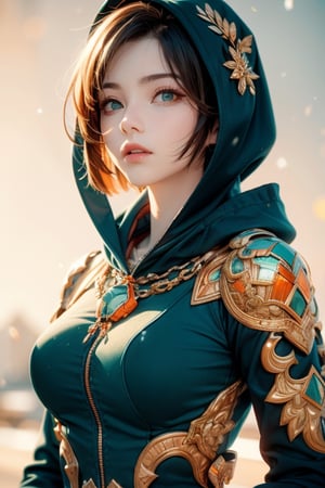 (masterpiece:1.2, best quality),1girl,upper body,snowfall,cute face,25 yrs old,sharp focus,detailed face,highly detailed,3d,8k render,16k,perfect breasts,short hairs,bobcut hairs,metal reflections,beatiful girl,portrait of a girl,wearing hoodie,sunlight,natural light reflection on face,award winning,realistic,photorealistic,real skintone,raw skintone,hyperrealistic,most beautiful girl,natural lighting,focus,far away snow castle,cinematic lighting, (film grain, blurry background),chainmail, bokeh, high contrast, (teal and orange:1.4), (muted colors, dim colors, soothing tones:1.3), low saturation,1 girl,yuyao