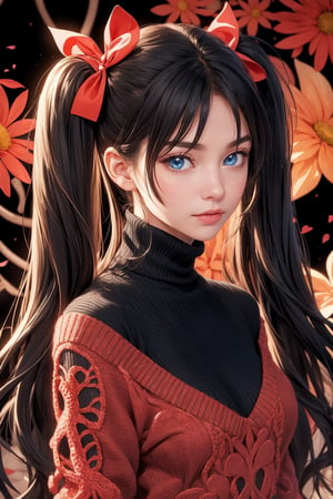 1girl, tohsaka rin, solo, long hair, sweater, red sweater, looking at viewer, (abstract background:1.3), (colorful:1.3), (flowers:1.2), (zentangle:1.2), (fractal art:1.1), black hair, two side up, turtleneck, blue eyes, lips, closed mouth, ribbon, hair ribbon, bangs, turtleneck sweater, upper body, parted bangs, black ribbon, ribbed sweater, twintails, nose,1 girl