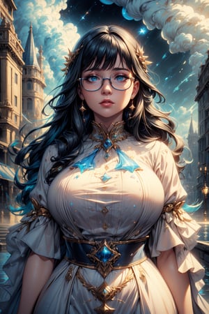 ((masterpiece)), (best quality), (cinematic), a chubby woman in a long white dress, close-up, puddles of water, woman with glasses, wide hips, long black hair, bangs, chubby, wide hips , light green eyes, freckles on cheeks, wind, detailed face, detailed body, gray and dark sky, glow, clouds, city lights, floating bubbles (cinematic, colorful), (extremely detailed), clouds, highly detailed face,1 girl