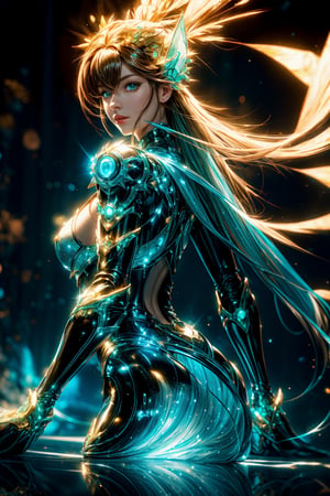 (High quality, hyper realistic, 8k, UHD) Generate a picture inspired by Metroid Prime in her glowing shiny ultimate armor made from transparent glass, very detailed armor, symmetrical, close up, very detailed reflection, light glare, masterpiece, vivid vibrant color, solar system in background, back light, ,Movie Still,neon photography style,insane details ,1 girl