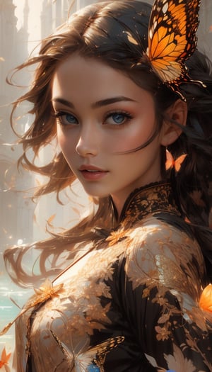 1girl, 8k, intricate, elegant, highly detailed, majestic, digital photography, art by artgerm and ruan jia and greg rutkowski surreal painting gold butterfly filigree, broken glass, (masterpiece, sidelighting, finely detailed beautiful eyes: 1.2), hdr, full_body, magic wand, water binder