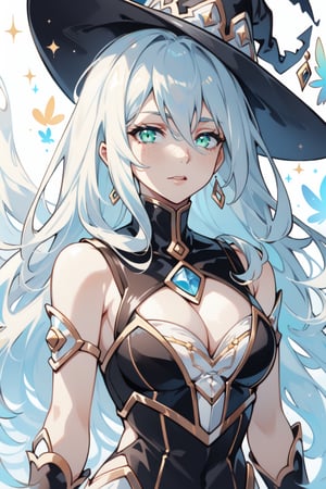 1 girl, solo, witch, (masterpiece), inked, young woman, long blue hair, styled bangs, beautiful detailed eyes, green eyes, jewel eyes, sparkling diamond pupils, freckles, detailed body, ultra-detailed face, sleeveless  long dress white color, silver corset, moon earrings, WonderWaifu, dynamic pose, valorant art, new agent, valorant style background,yuzu