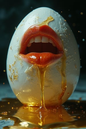 Close-up of a large chicken egg with a woman's full, lush lips painted in carmine, thick oil dripping from her mouth, spilling threads and drops onto a golden floor, dark environment, side lighting, high contrast, hard shadows, surrealism, slimy and oppressive feeling, well-balanced set, white and blue tones, hyper-detailed, hyper-realistic, 3Dly GOLD SHINE