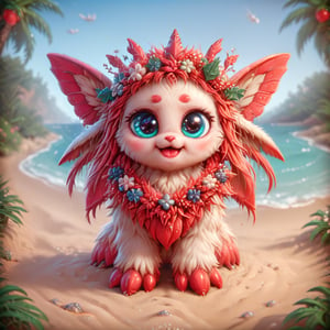 surreal, two absolutely cute fluffy (pink-blue) furries, creatures playing (with a large magic shell), white sand, sea, garland of lanterns, water, big eyes, sparkle, gentle evening in the tropics, shells, transparency, fractals of light, sumi-e Midjourney, palm trees, flowers, octane render, fairy tale, bokeh, neon lines + lumens, fireflies pearl highlights, realistic, hyperization, hdr