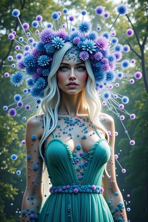 fulbody beautiful woman, long white hair, Surrounded by trees, see-through turquoise dress, hair exploding into multicolored blue and violet flowers, finely detailed features, intricate brush strokes, beautiful lighting,  Cinematic, Color Grading, Depth of Field, intricate details, Unreal Engine, Character Concept Art, creative, expressive, stylized anatomy, digital art, 3D rendering, unique, award-winning, Adobe Photoshop, 3D Studio Max, well-developed concept, distinct personality, consistent 