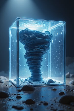 tornado comoletely contained within a transparent glass cube, intricate details, debries, 8k, hyperdetailed, cinematic, 3d render, photo