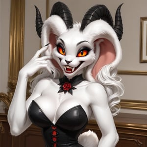 [[furry rabbit 5.0]], [female rabbit 2.0],(demon), (anthropomorphic 3.0), beautiful white fur, black nose, waist-high photo, [rabbit muzzle 1.1], insidious smile, sharp fangs, sharp teeth, demonic horns,((horns)),