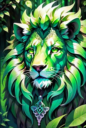 stunningly intricate details of this green digital painting. Featuring a luminous filigree fantasy lion with fluffy fur and reflective eyes, this close-up portrait is a true masterpiece of digital art.t, by craola, Jasmine Becket-Griffith, Cyril Rolando . concept art, centered composition perfect composition, centered, intricated pose, intricated, low poly, isometric art, 3d art, high detail, artstation, concept art, behance, ray tracing, smooth, sharp focus, ethereal lighting

,isni