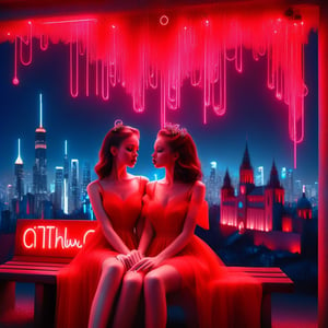 two girls in neon style, in a red dress,sitting on a bench against the background of the city,a lot of signs,