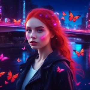 a beautiful girl with a beautiful face, with red hair, runs along the road along the river, butterflies fly around neon style,neon