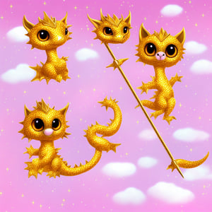  Princess space cat with golden sword in her hands on pink background with white clouds,brccl,dragon
