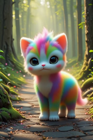 an antastic creature with soft rainbow fur, located in a magical forest