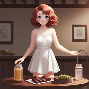 A GIRL WITH CURLY HAIR,COPPER-COLORED,IN A WHITE SUNDRESS, STANDS AT THE TABLE WITH HER ((HANDS UP))