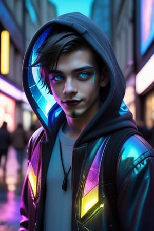 cyberpunk hooded brunette emo boy big blue eyes smiling black lips standing epic middle of busy bustling London street, hd wallpaper, captivating neon light hues, symmetry, heistcore, Broken Glass effect, no background, stunning, something that even doesn't exist, mythical being, energy, molecular, textures, iridescent and luminescent scales, breathtaking beauty, pure perfection, divine presence, unforgettable, impressive, breathtaking beauty, Volumetric light, auras, rays, vivid colors reflects 