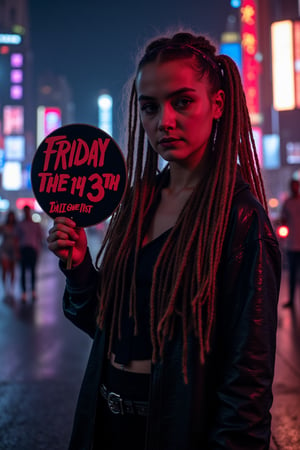 GIRL WITH DREADLOCKS IN HAIR, cyberpunk costume, AGAINST THE BACKGROUND OF A CYBER CITY, HOLDING A "FRIDAY THE 13TH" SIGN IN HER HAND. GOTHIC STYLE
