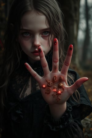 a girl in a Gothic dress shows her hand on which, 5 fingers, symbols are burned on her hand