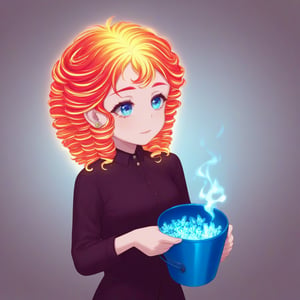 a beautiful girl with fiery red hair, curls, holds in her hands a blue bucket in which there are mushrooms