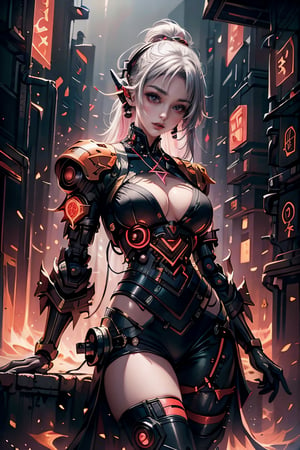 Girl, elf, cyber mage cast spell, gem, vibrant colors, (((cyberpunk style))), bob hair, night, soft lighting, Detailedface, Highres, best quality, extremely detailed, area lighting in background, HD, 8k, extremely intricate:1.3), realistic, GlowingRunes_red, (((powerfull magic, magic particles))), 1girl, beautiful figure, thin waist, wide hips, big breasts, sci fi clothes,