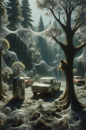 a monkey sits on a tree, next to a gas water heater, 2 cars, against the background of a forest