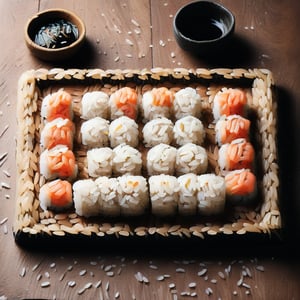 sushi rolls, lying on a wooden tray,the text is made of fish "bon appetit"