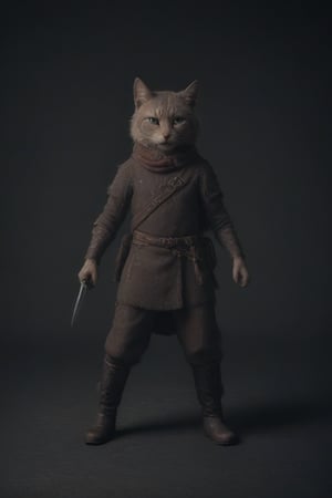 ANTHROPOMORPHIC cat, red, green eyes, holds a dagger in his paws, in black boots. Against the background of a scaura