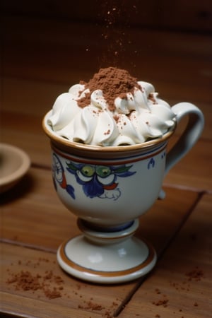 the ceramic cup is painted in khokhloma, stands on a wooden table, there is a lot of cream in it, I sprinkle grated chocolate on the cream. many details of hyperdetalization