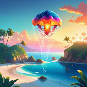 A mesmerizing low poly digital painting captures a mystical , featuring a grand jellyfish, glowing inviting light, bathing the surroundings in a golden glow. A captivating sunset sets the sky ablaze, painting the horizon with a mesmerizing array of warm hues. Vibrant ocean waters reflect these colors, adding depth and dimension to the scene. A solitary, vibrant palm tree proudly stands on the shoreline, creating a striking contrast against the muted tones of the surrounding scenery. The color palette is rich and high-contrast, featuring bold bursts of yellow, orange, and pink that dominate the sky. The harmonious blend of these elements evokes a tranquil yet commanding atmosphere, embodying the spirit of a mystical island retreat,brccl