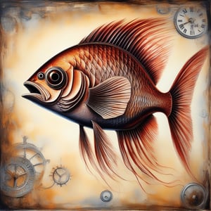 fish with big eyes and sharp teeth. steampunk style, oil painting