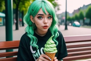 A GIRL WITH GREEN HAIR is sitting on a bench and eating ice cream.lots of details,hyperdetalization,8k,poster,close-up,xjrex,JAR,DonMB4nsh33XL ,text logo