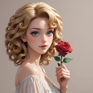 a beautiful girl with golden curly hair. It stands against a background of red roses.