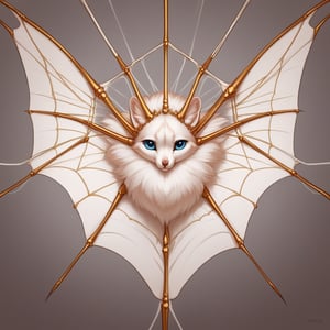 A FLUFFY animal, with blue eyes, a long nose, wings on its back made of golden spider threads, cobwebs